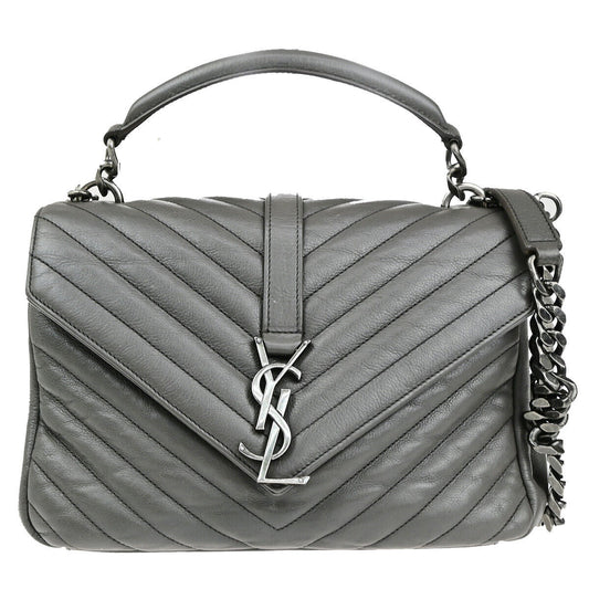 SAINT LAURENT College Medium Chain Shoulder Bag Quilted Leather Gray 667RK859