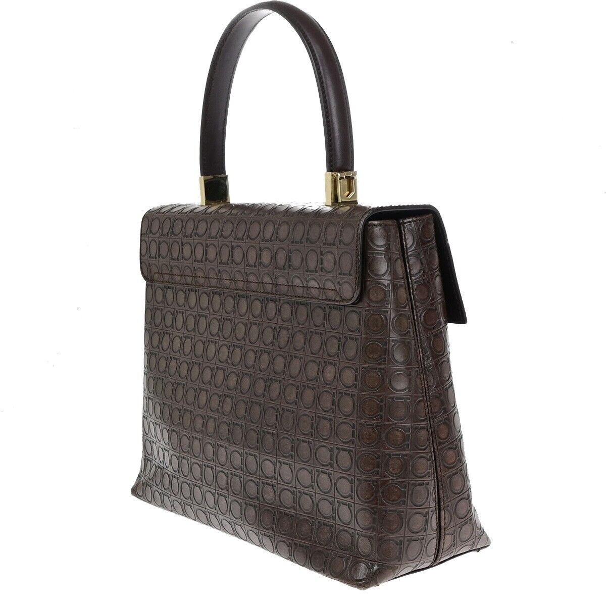 SALVATORE FERRAGAMO Logo Gancini Hand Bag Embossing Leather Brown GHW 31EB621