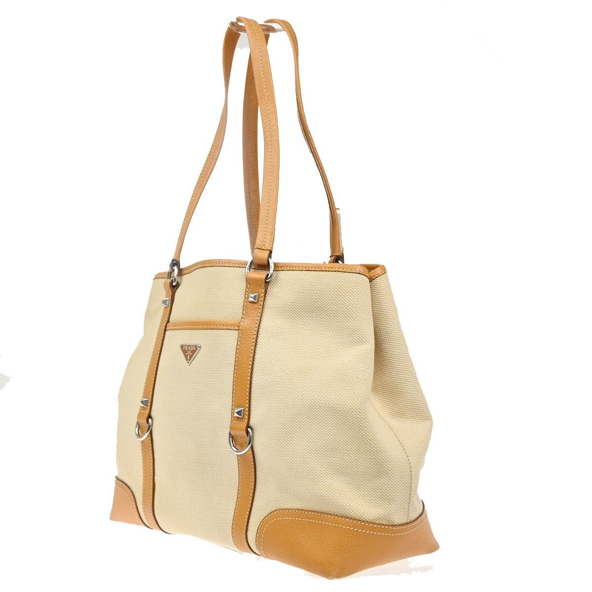 PRADA Logo Shoulder Tote Hand Bag Canvas Leather Beige Orange SHW Italy 34MA594
