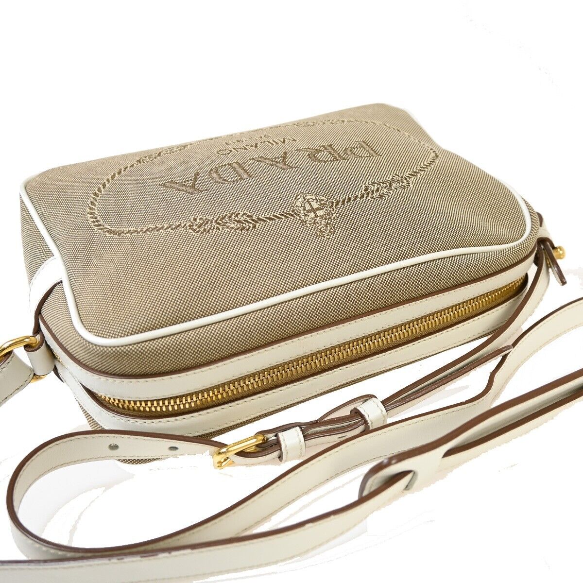 PRADA MILANO Logo Jacquard Shoulder Bag Canvas Leather Brown White Gold 50RJ741