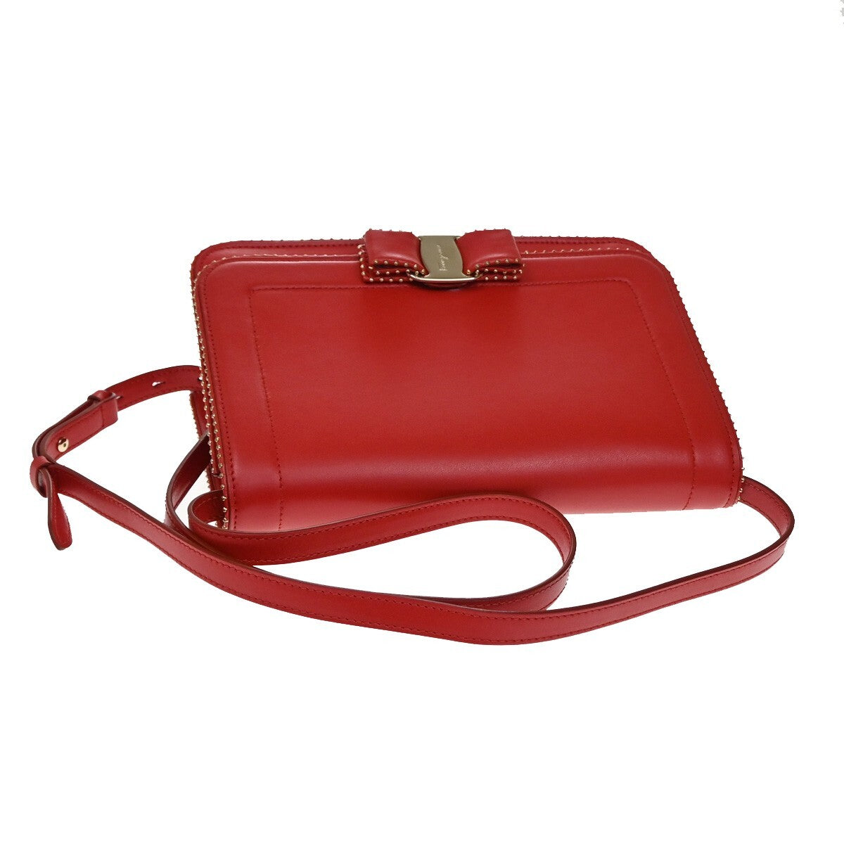 SALVATORE FERRAGAMO Vara Studs 2Way Shoulder Clutch Hand Bag Leather Red 88EE395