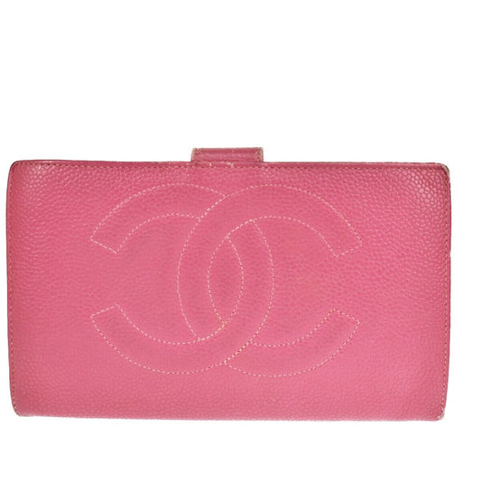 CHANEL CC Logo Long Bifold Wallet Purse Caviar Leather Pink GHW Vintage 05GA848