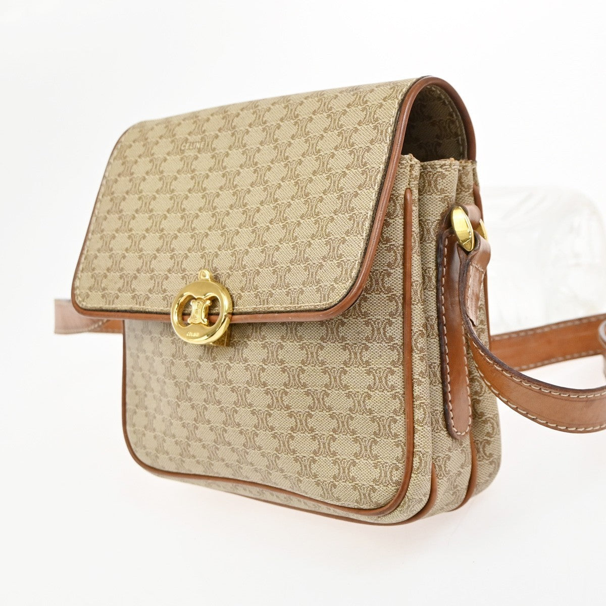 CELINE Logo Macadam Pattern Shoulder Bag PVC Leather Beige GHW Italy 67CA718