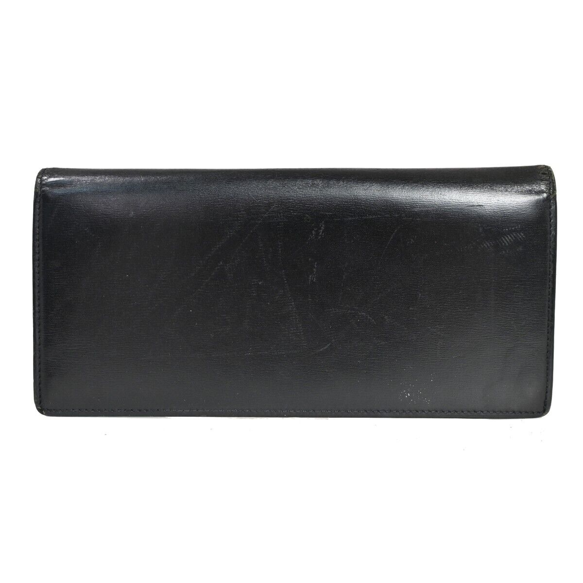 CARTIER 2C Logo Bifold Wallet Purse Leather Black Silver Made in France 07FA043