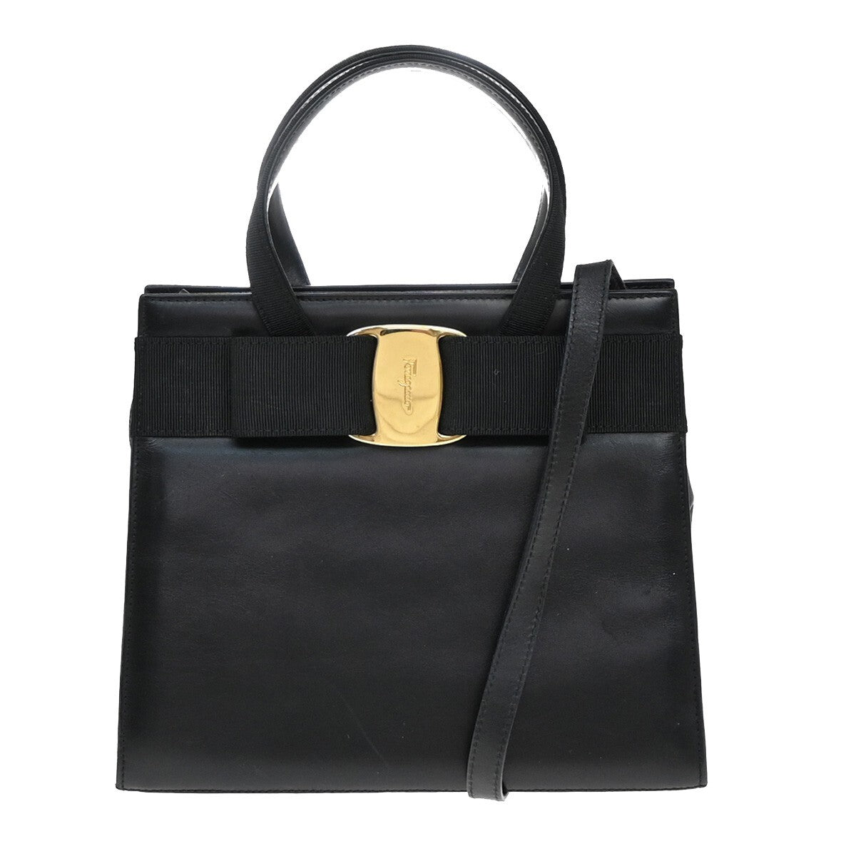 SALVATORE FERRAGAMO Logo Vara 2Way Shoulder Hand Bag Leather Black Italy 38EE277