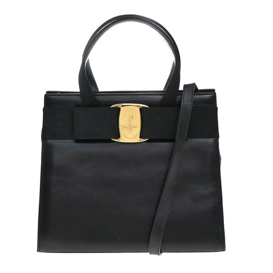 SALVATORE FERRAGAMO Logo Vara 2Way Shoulder Hand Bag Leather Black Italy 38EE277