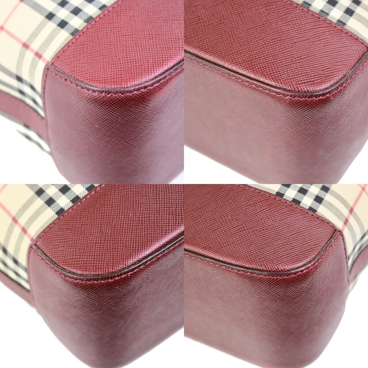 BURBERRY Logo Hand Bag Nova Check Canvas Leather Burgundy GHW 83RK727