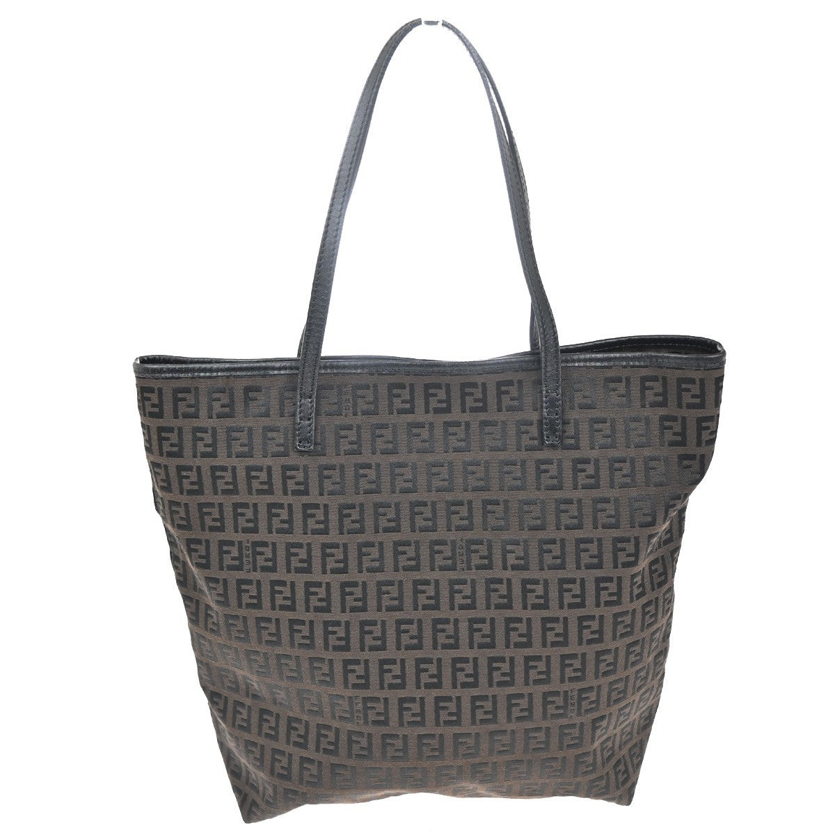 FENDI Logo Zucchino Hand Tote Bag Canvas Leather Brown Black SHW 80TA555