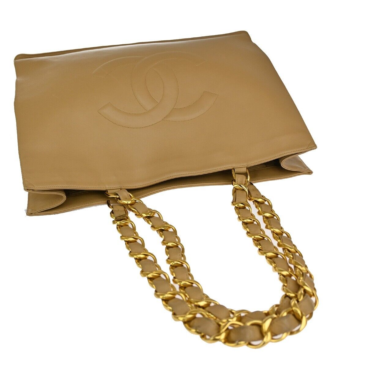 CHANEL CC Logo Chain Shoulder Tote Bag Leather Beige Gold-Plated France 629RJ479