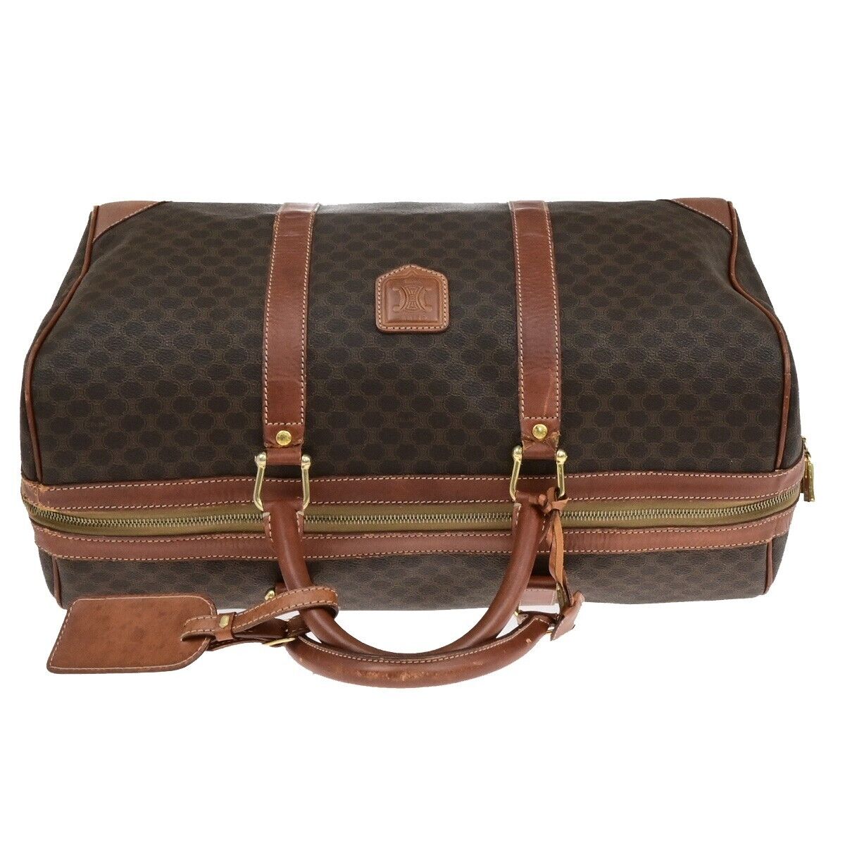 CELINE Macadam Pattern Travel Hand Bag PVC Leather Brown Gold Italy 64ED951
