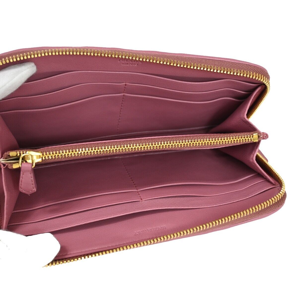 PRADA Logo Long Zip Wallet Nappa Stripes Leather Camelia Pink Gold Italy 82SH690
