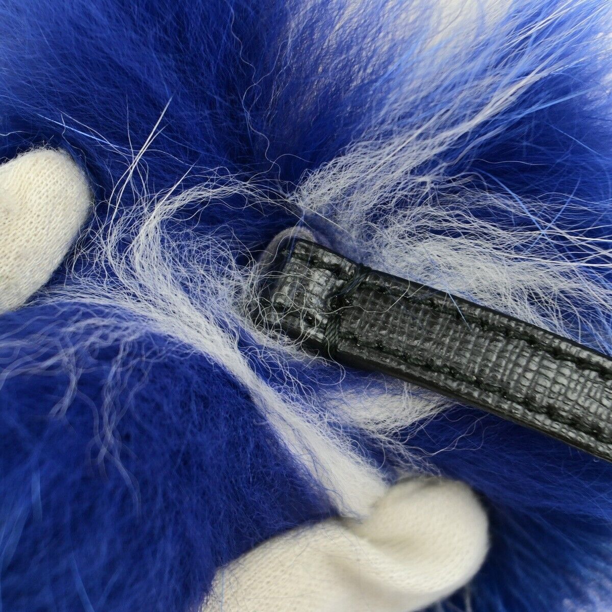 FENDI Logo Pompom Bag Charm Key Ring Chain Fur Leather Blue White SHW 04KA449
