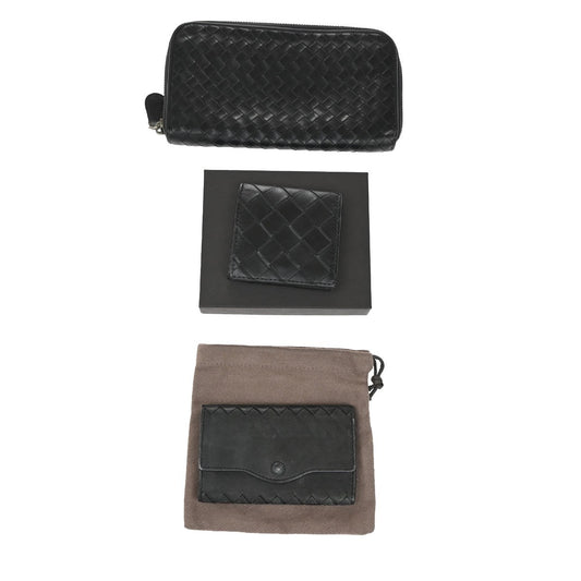 BOTTEGA VENETA Intrecciato 3 Set Zipper Wallet Key Case Leather Black 33KP186