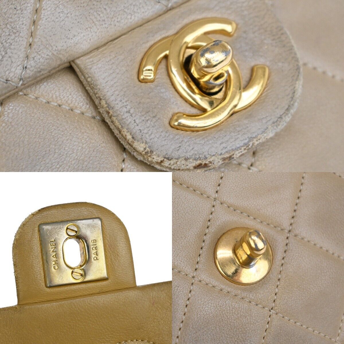 CHANEL CC Mini Matelasse Chain Shoulder Bag Leather Beige GHW Vintage 361RJ241