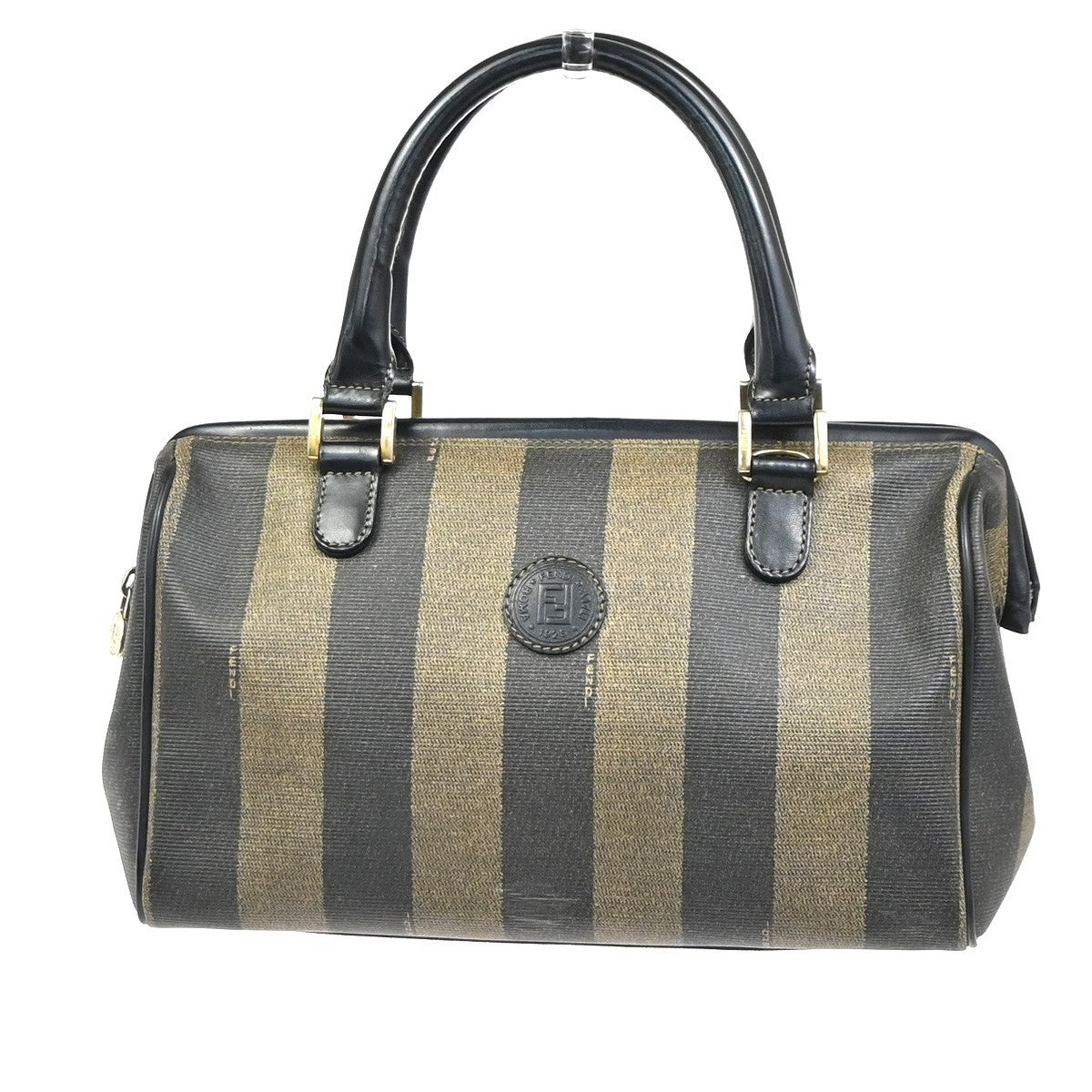 FENDI Logo Pequin Mini Boston Hand Bag PVC Leather Black Khaki GHW Italy 32YH898
