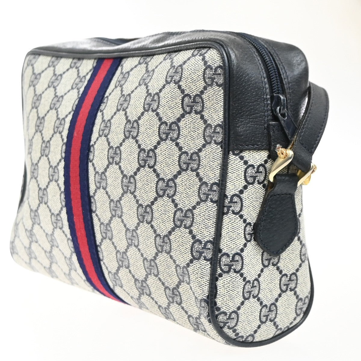 GUCCI Logo GG Sherry Line Shoulder Hand Bag PVC Leather Navy Blue Italy 69MA470