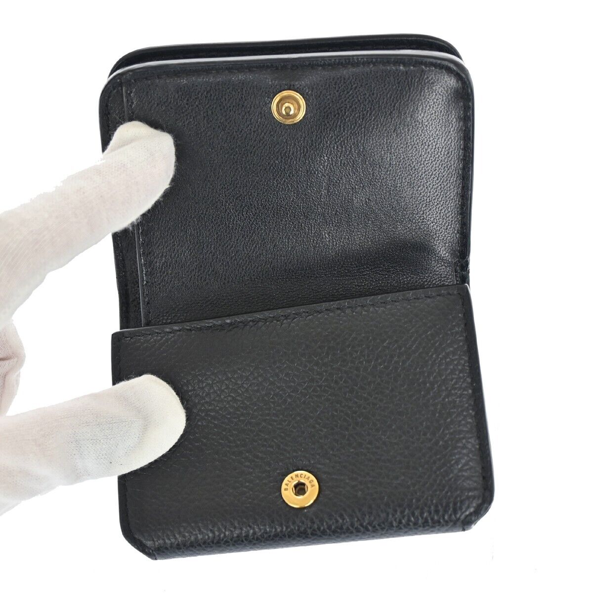 BALENCIAGA Logo Everyday Mini Trifold Wallet Purse Leather Black Italy 64HB612