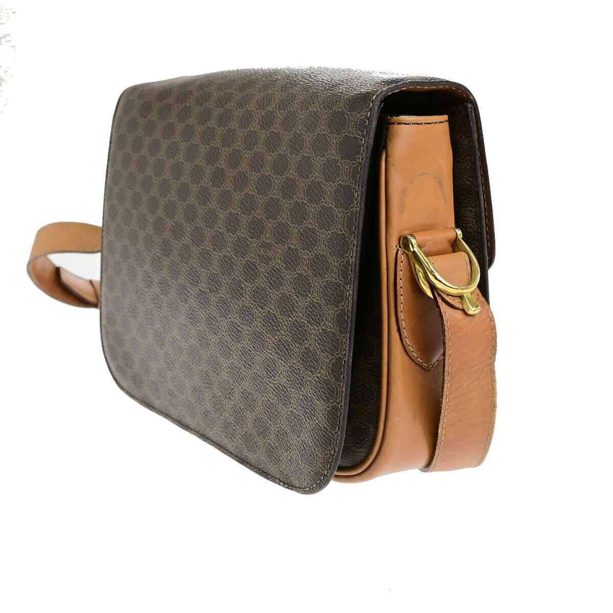 CELINE Macadam Pattern Horse Carriage Shoulder Bag PVC Leather Brown GHW 98YG603