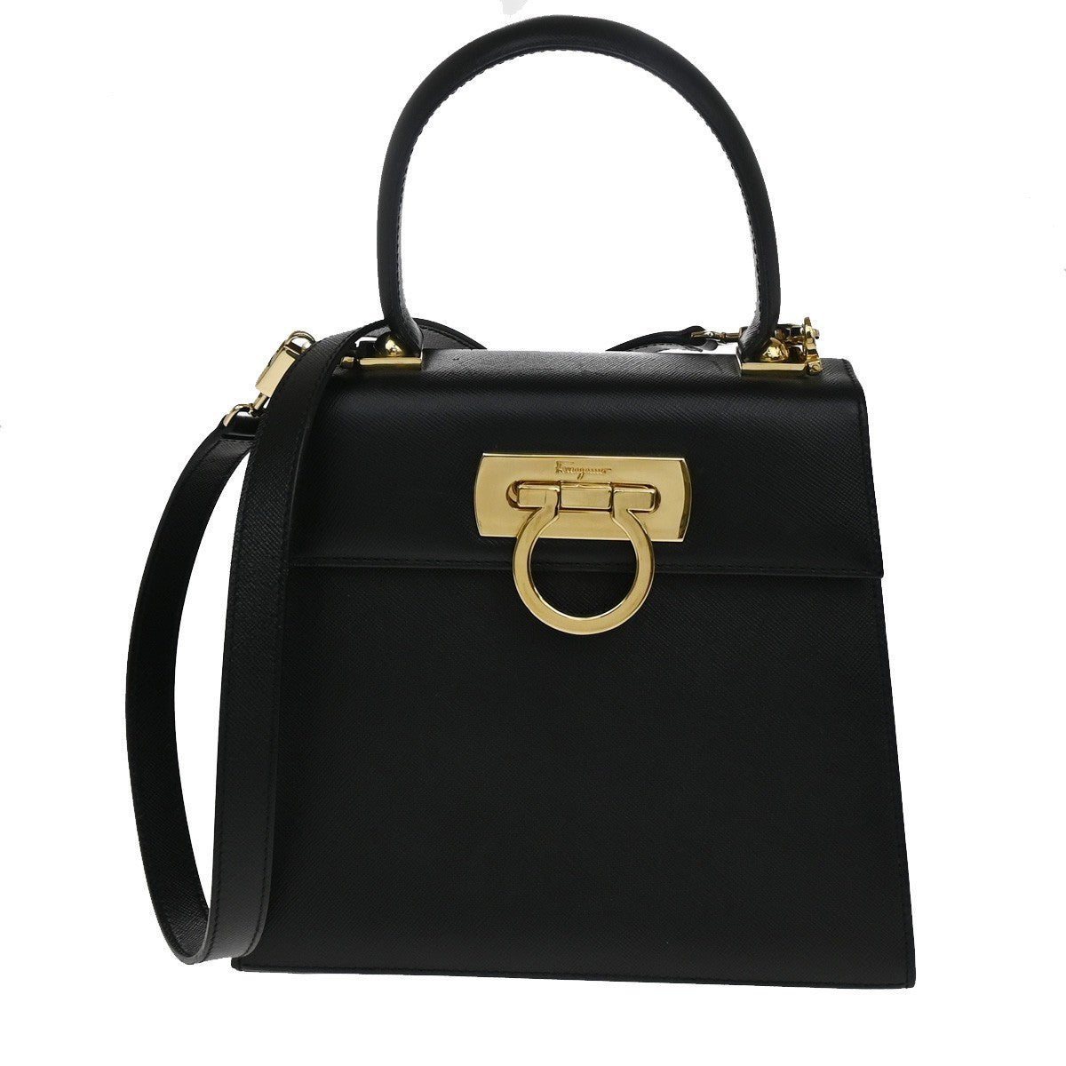 SALVATORE FERRAGAMO Gancini Mini 2Way Shoulder Hand Bag Leather Black 71RL552