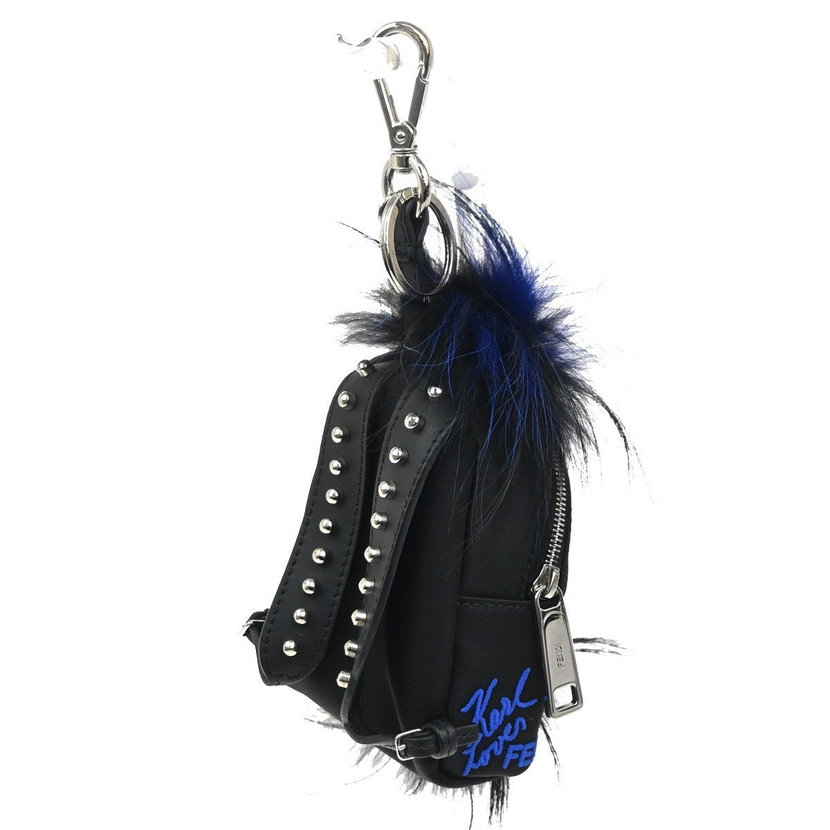 FENDI Karlito Backpack Bag Key Chain Charm Pouch Nylon Leather Fur Black 31KP339