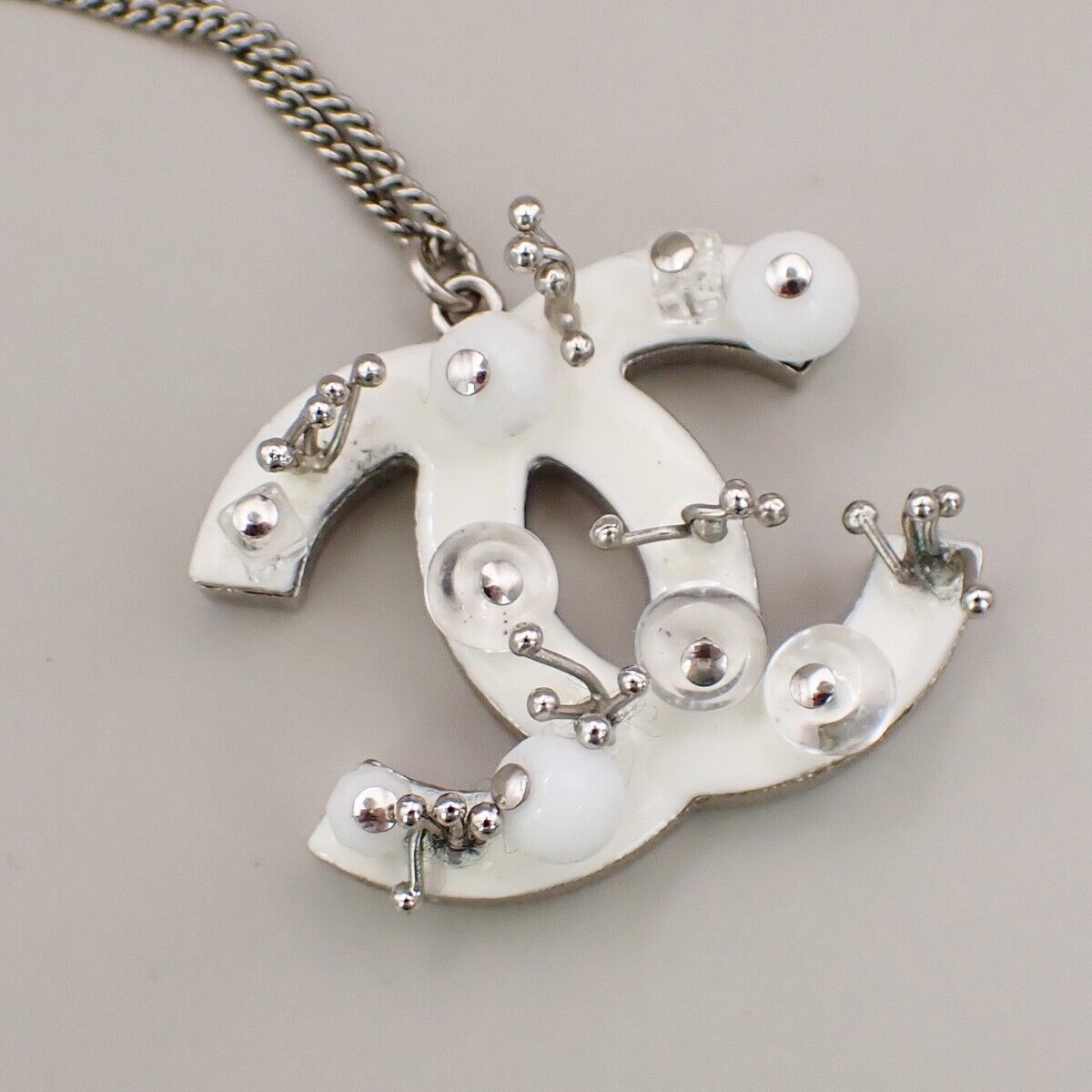CHANEL CC Logo Chain Necklace B10A Pendant Plastic Silver Accessory 84KA430