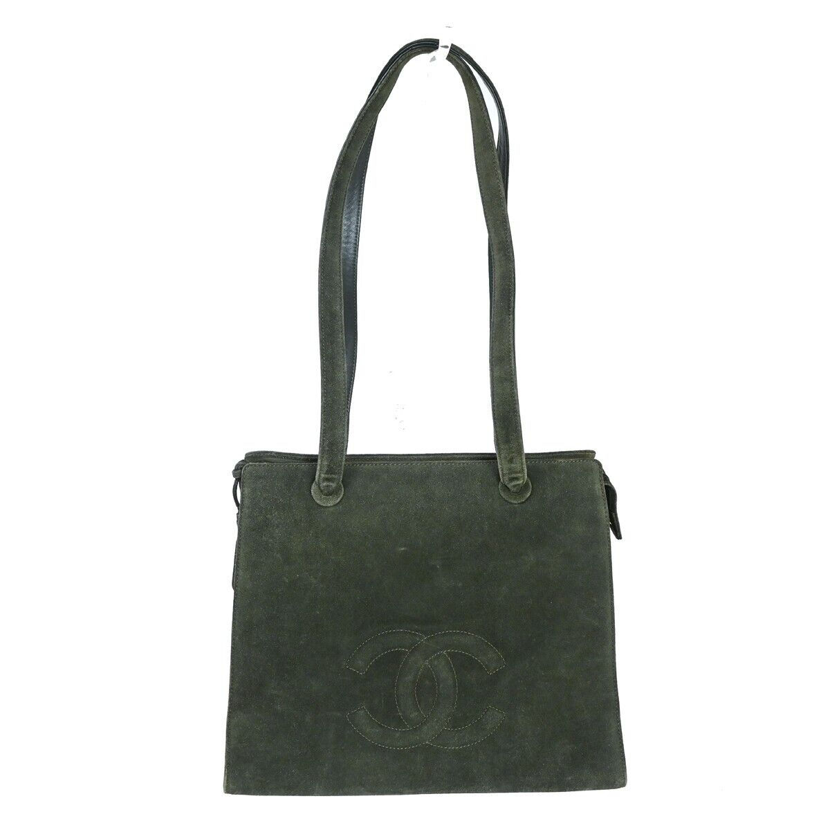 CHANEL CC Logo Shoulder Tote Bag Suede Skin Leather Khaki GHW Vintage 18HB212