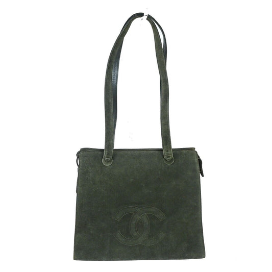 CHANEL CC Logo Shoulder Tote Bag Suede Skin Leather Khaki GHW Vintage 18HB212