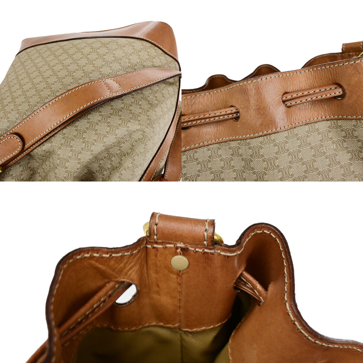 CELINE Macadam Drawstring Shoulder Tote Bag PVC Leather Beige Brown GHW 33YF570
