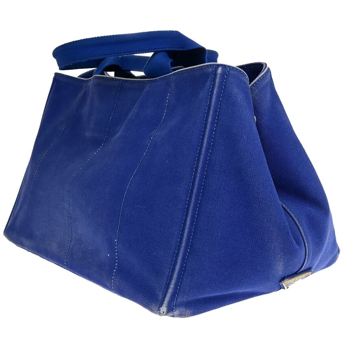 PRADA Milano Logo CANAPA Tote Hand Bag Canvas Leather Blue Gold 68EB512