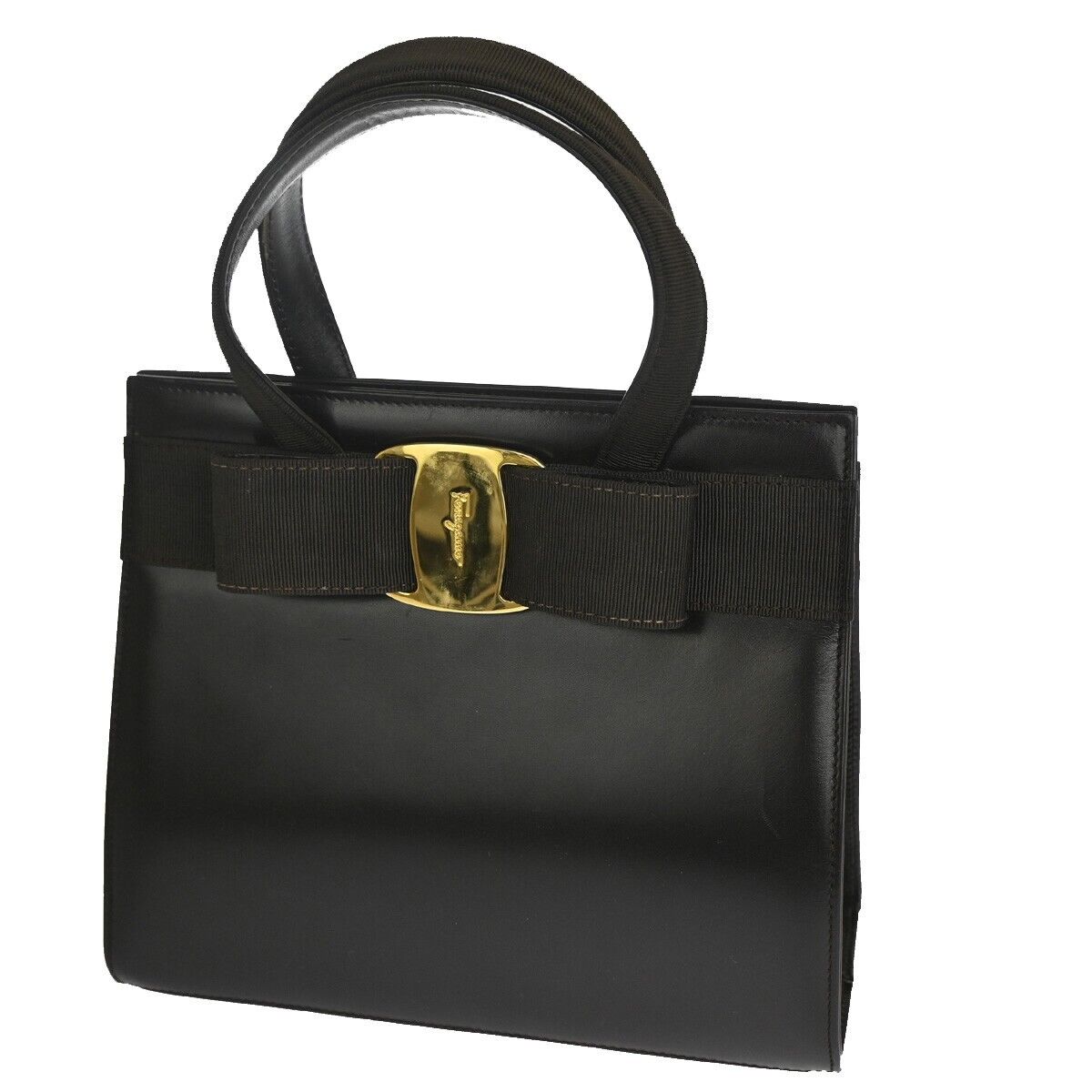 SALVATORE FERRAGAMO Logo Vara Hand Bag Canvas Leather Brown Gold Italy 62YD714
