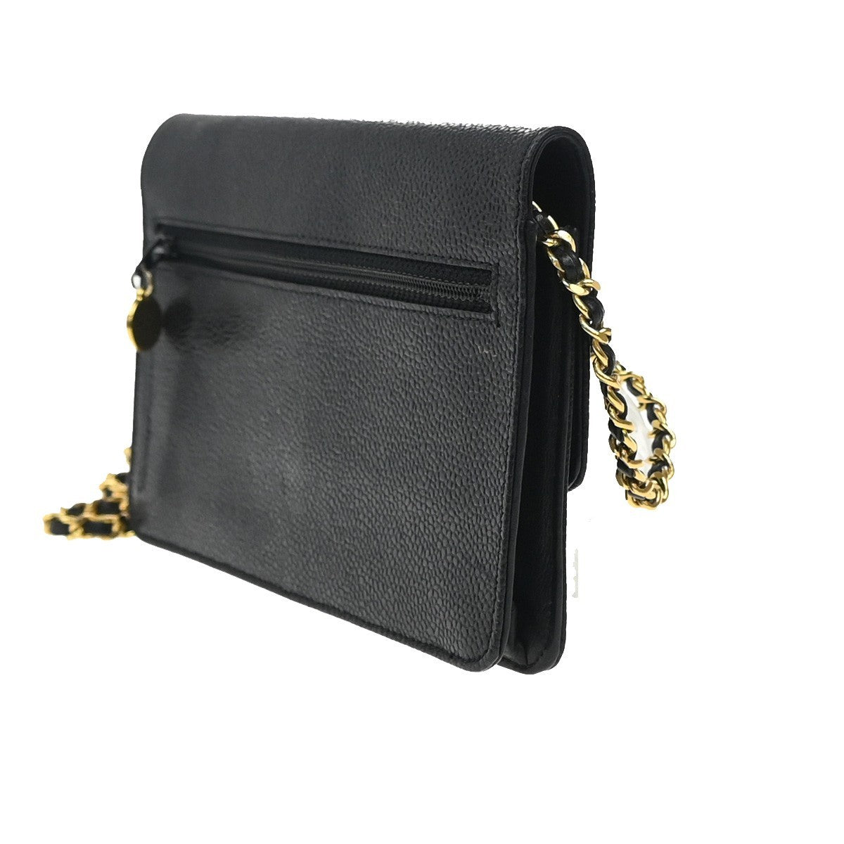 CHANEL Chain Shoulder Bag Wallet Grained Calfskin Leather Black Vintage 691RP061