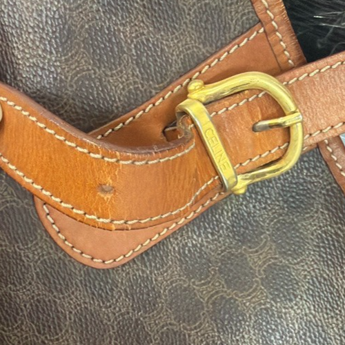 CELINE Logo Macadam Pattern Shoulder Tote Bag PVC Leather Brown GHW 33KC141