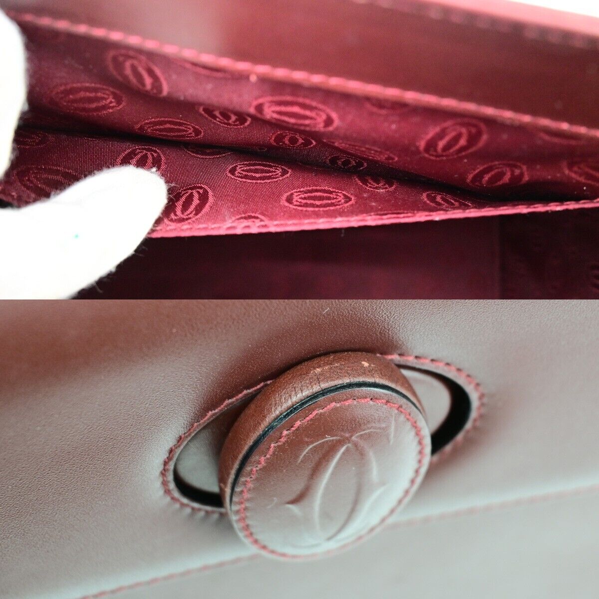 CARTIER 2C Logos Hand Bag Leather Burgundy Gold-Plated Made In Italy 76RK751