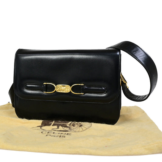 CELINE Logo Horse Carriage Shoulder Bag Leather Black GHW Italy 63YG344