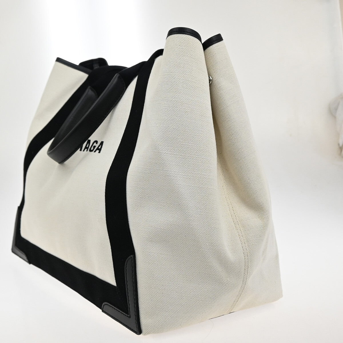 BALENCIAGA Navy Cabas M Shoulder Hand Bag Canvas Leather Ivory Black 73EF052