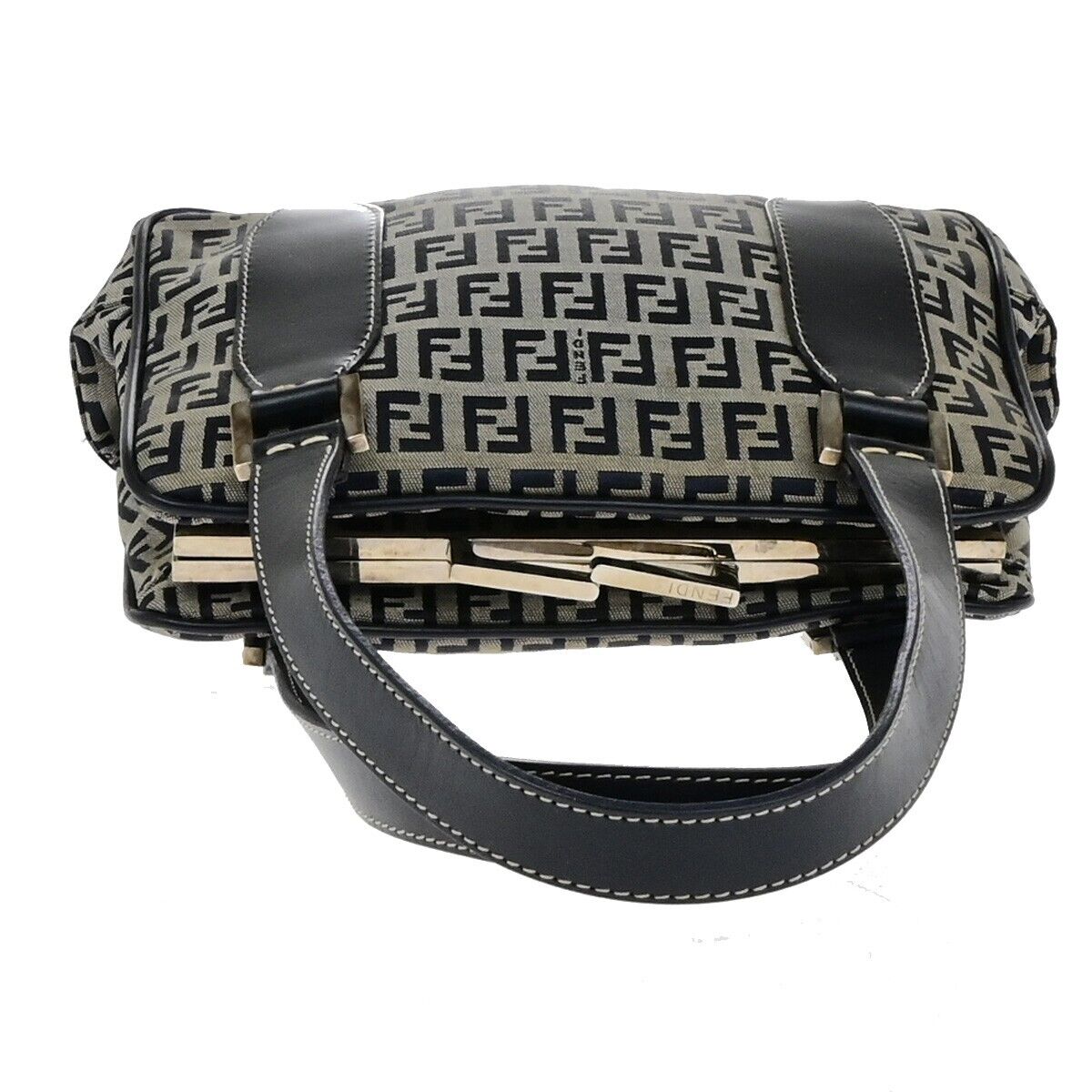FENDI Logo Zucchino Pattern Hand Bag Nylon Leather Navy Blue Silver 31KA551