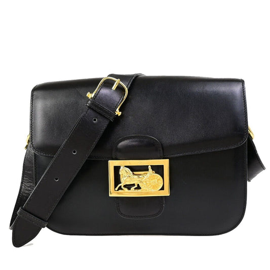 CELINE Logo Horse Carriage Shoulder Bag Leather Black GHW Italy 87EC982