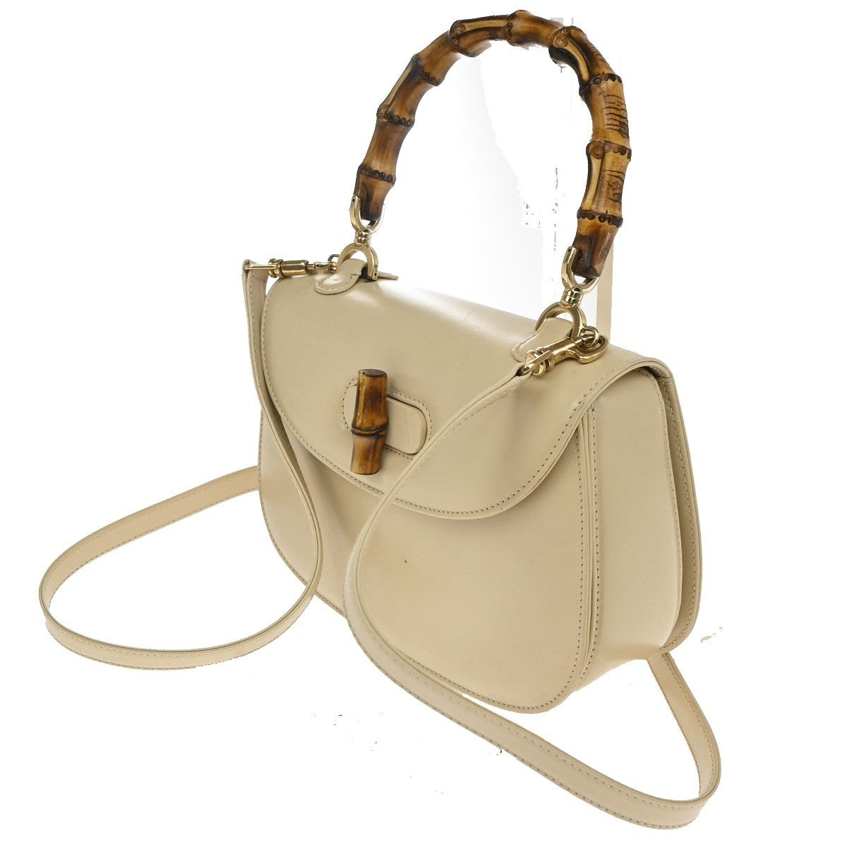 GUCCI Bamboo handle 2way Shoulder Hand Bag  Leather Beige GHW Italy 43MA010
