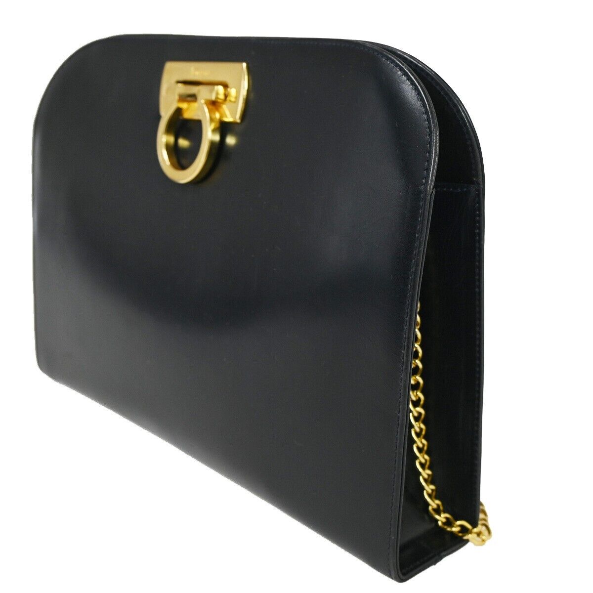 SALVATORE FERRAGAMO Chain Gancini Shoulder Bum Bag Leather Navy Gold 60SH362