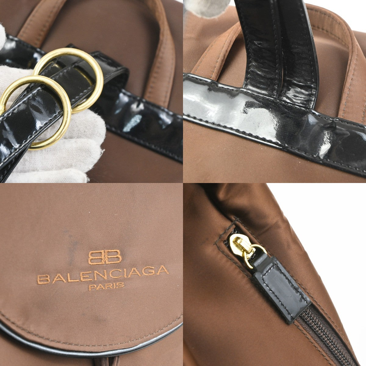 BALENCIAGA Logo Backpack Shoulder Bag Nylon Patent Leather Brown GHW 07TA443