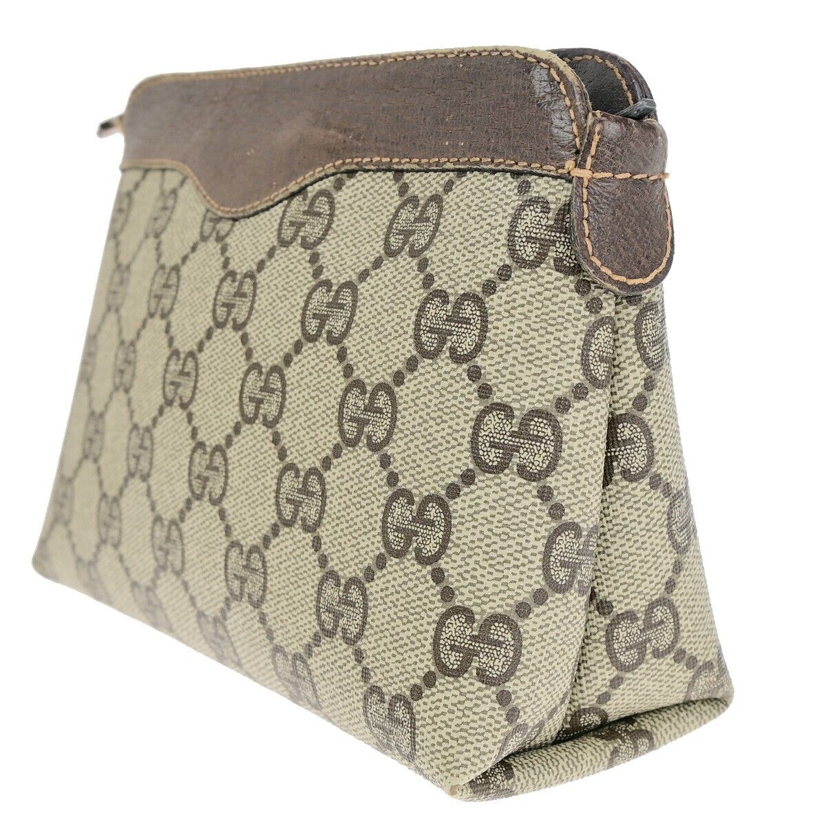 GUCCI Logo GG Pattern Pouch Bag PVC Leather Brown GHW Italy 05SH828