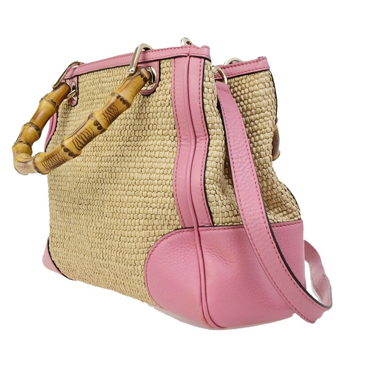 GUCCI Bamboo Shopper 2Way Shoulder Hand Bag Raffia Leather Pink Brown 84ED384