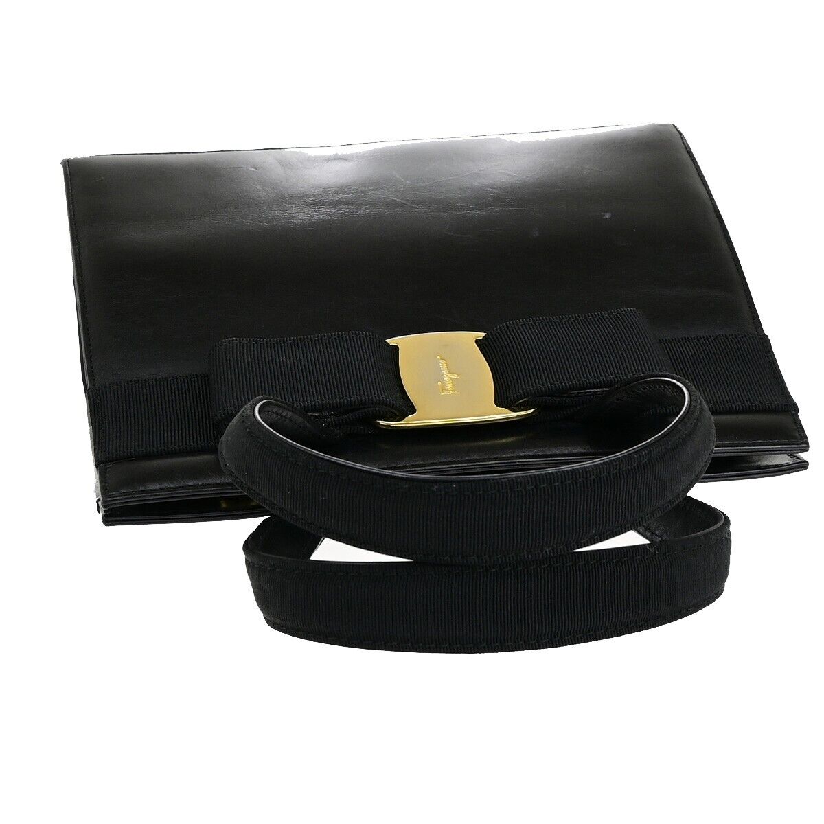 SALVATORE FERRAGAMO Logo Vara Hand Bag Canvas Leather Black Gold Italy 62EC294