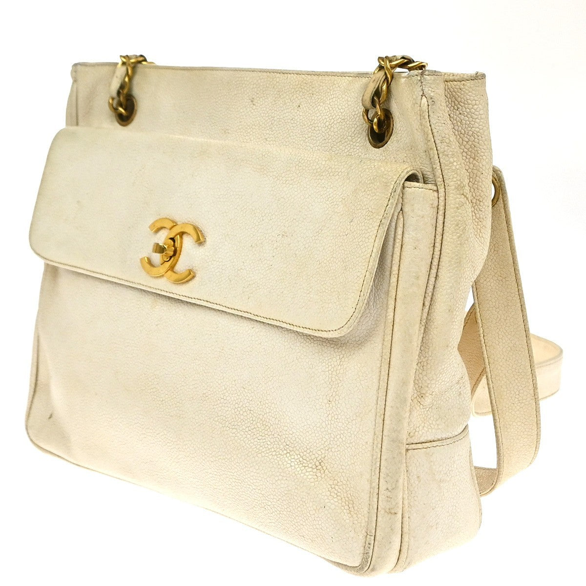CHANEL CC Shoulder Bag Grained Calfskin Leather White GHW Vintage 12RP179