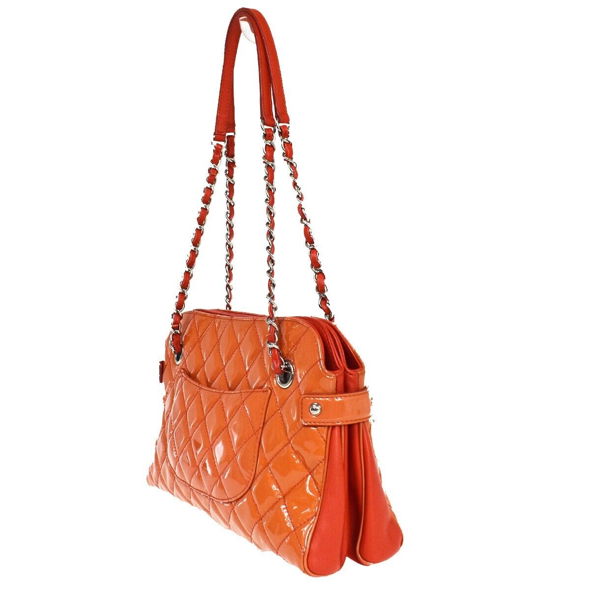 CHANEL CC Matelasse Chain Shoulder Bag Patent Leather Orange SHW 660RJ198