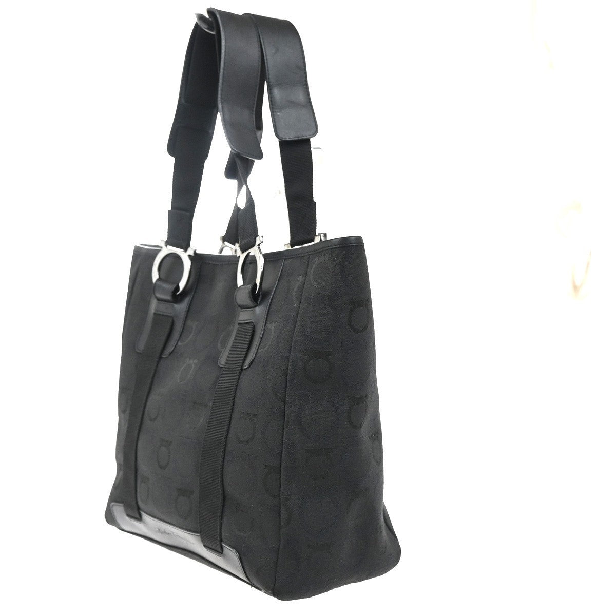 SALVATORE FERRAGAMO Logo Gancini Shoulder Hand Bag Canvas Leather Black 67MA222