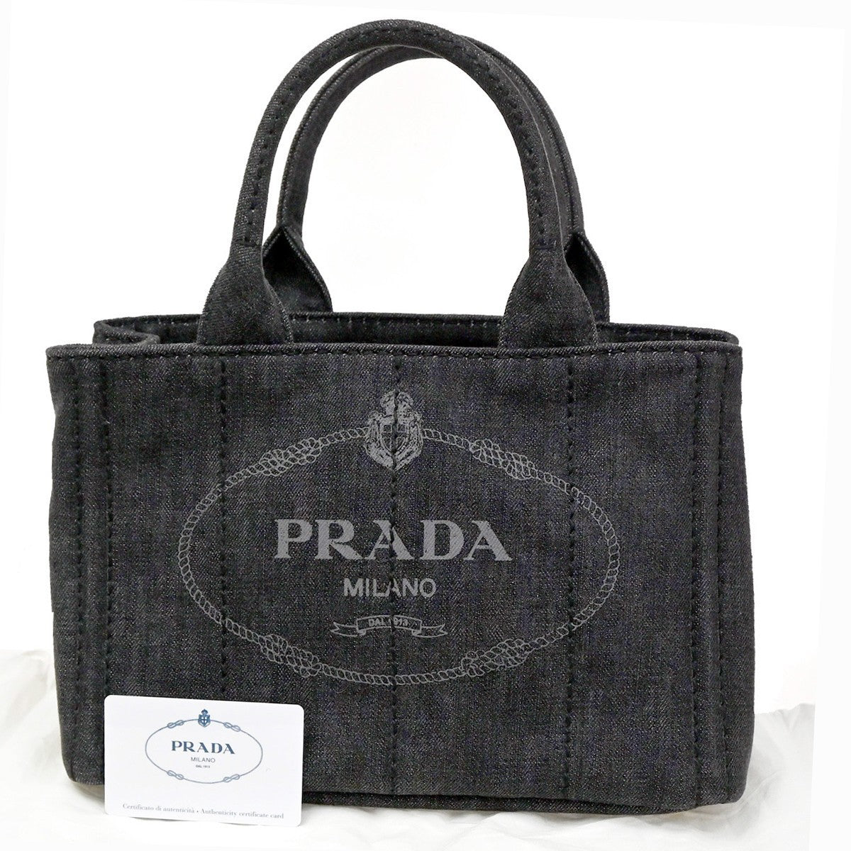 PRADA Milano Logo CANAPA Tote Hand Bag Denim Leather Black Gold Italy 73KC194