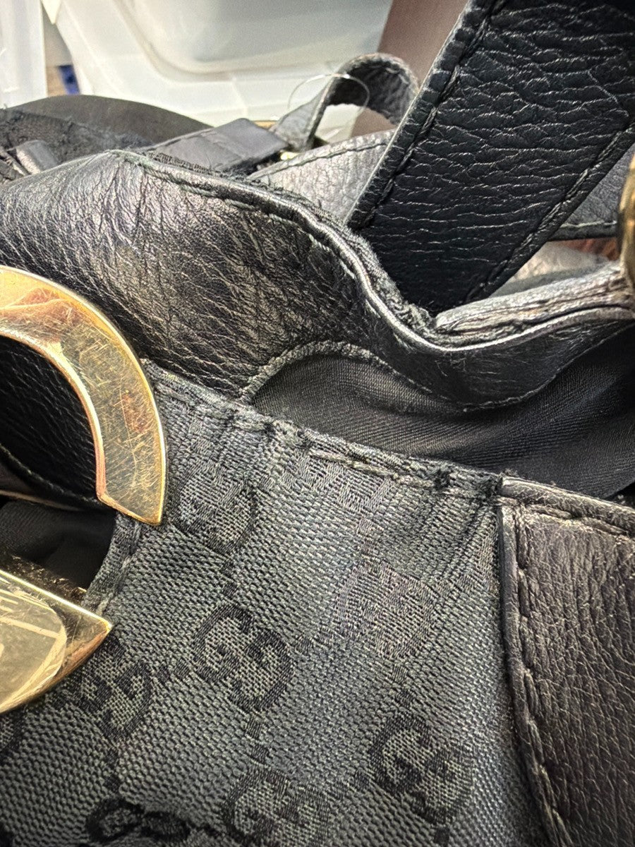 GUCCI Logo GG Pattern Shoulder Tote Bag Canvas Leather Black GHW Italy 34YH906