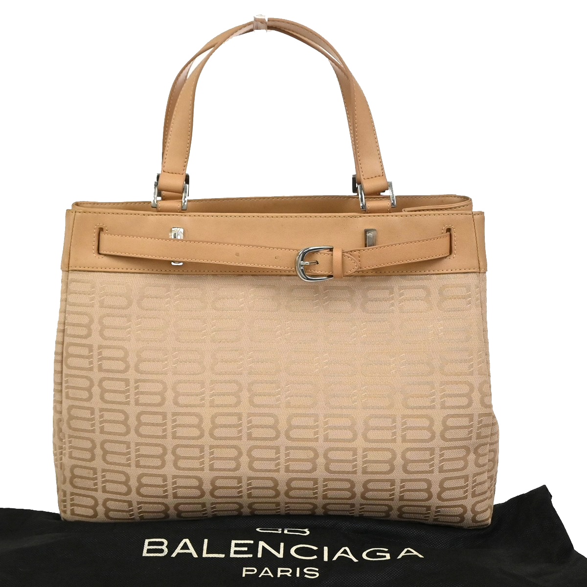 BALENCIAGA Logo BB Pattern Hand Tote Bag Canvas Leather Beige SHW 09CA910