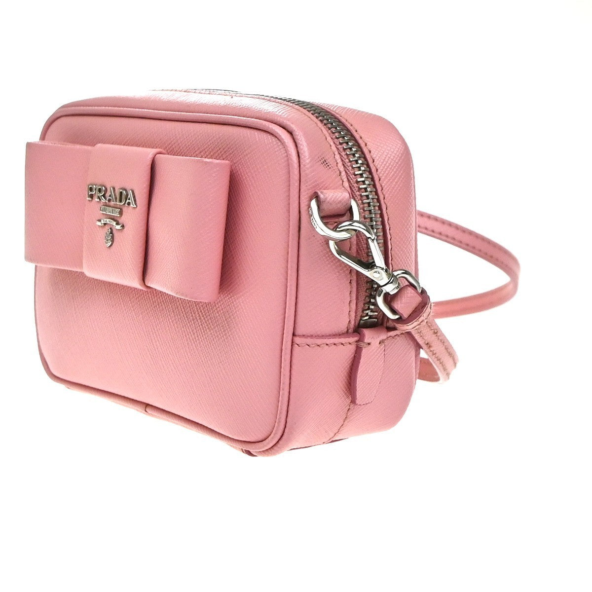 PRADA Logo Saffiano Fiocco Bow Min Shoulder Bag Leather Pink SHW Italy 74YH967